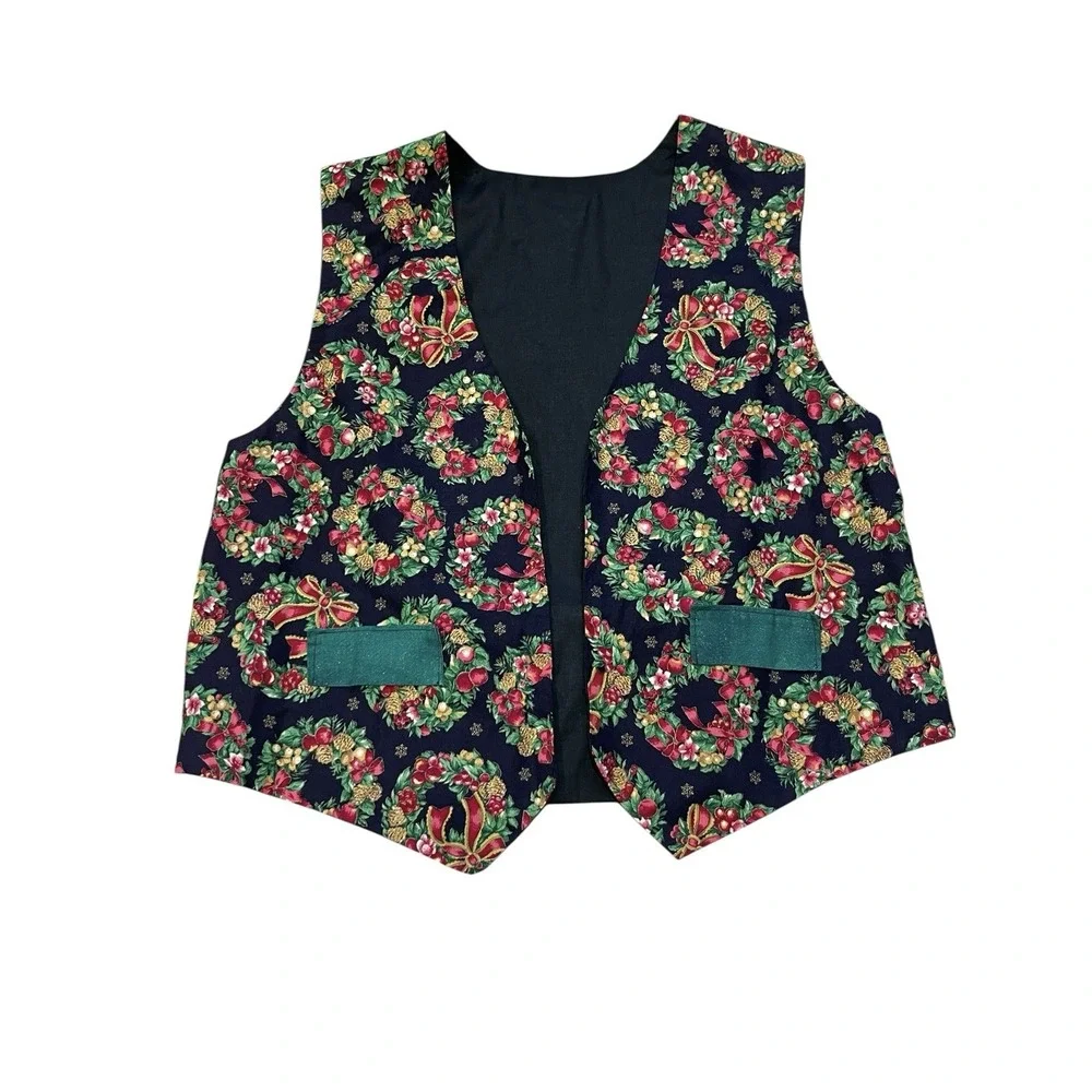 Christmas Festive Holiday‎ Vest Homemade Handmade Womens One Size Wreath Green